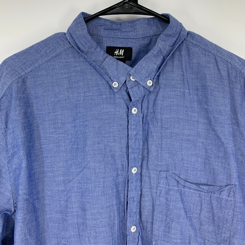 H&M Mens Shirt Regular Fit Blue Button Down Short Sleeve Oxford - Picture 2 of 10